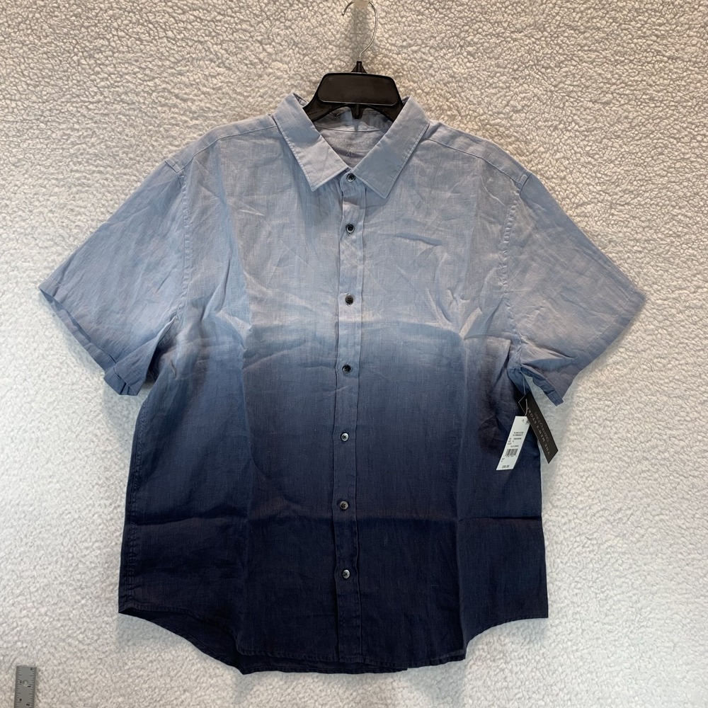 Bloomingdale's Men's Shirt XL Button Up 100% Linen Blue Ombre Short Sleeve Beach